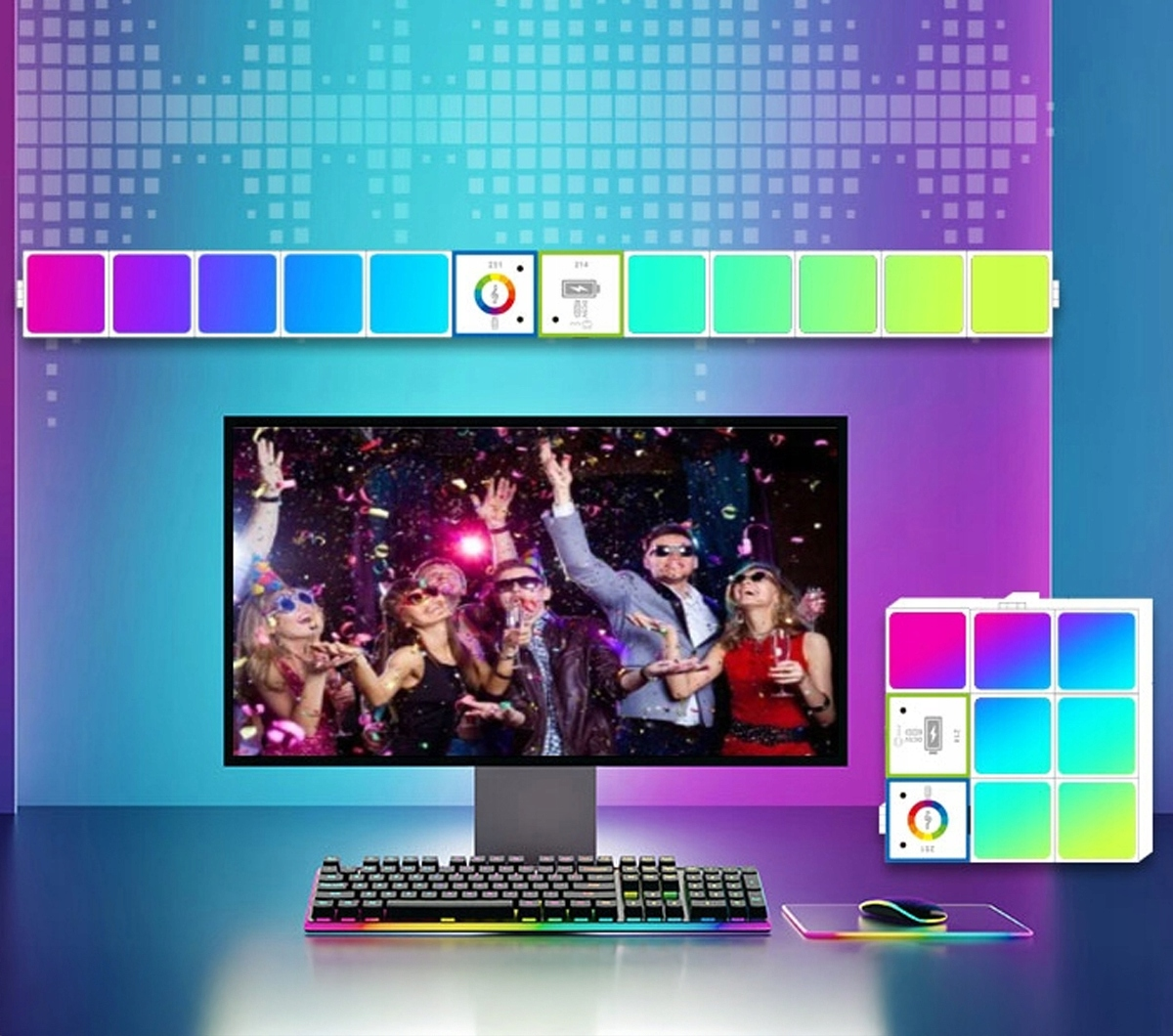 Zestaw do gier RGB z monitorem pokazującym imprezę, klawiaturą, myszką i kolorowymi panelami LED.