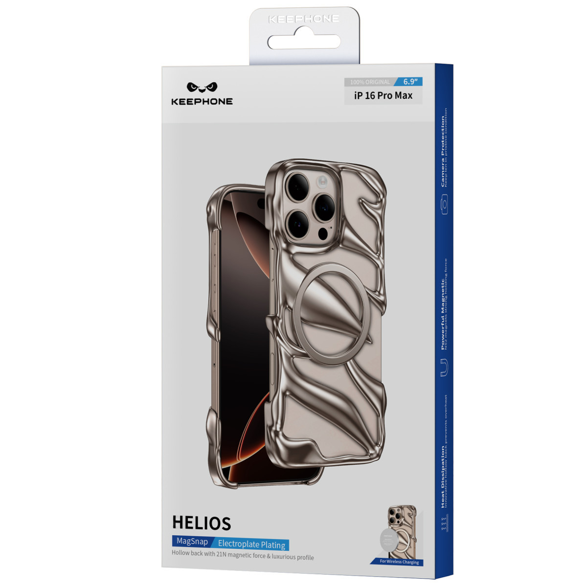Dalgalı doku tasarımına ve MagSafe halkasına sahip bronz iPhone 16 Pro Max kılıfı ambalajı.