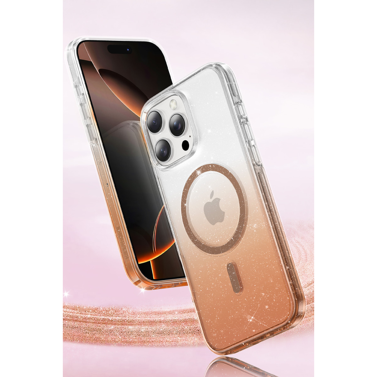 Pembe arka plan önünde iPhone üzerinde parıltılı pembe altın MagSafe telefon kılıfı.