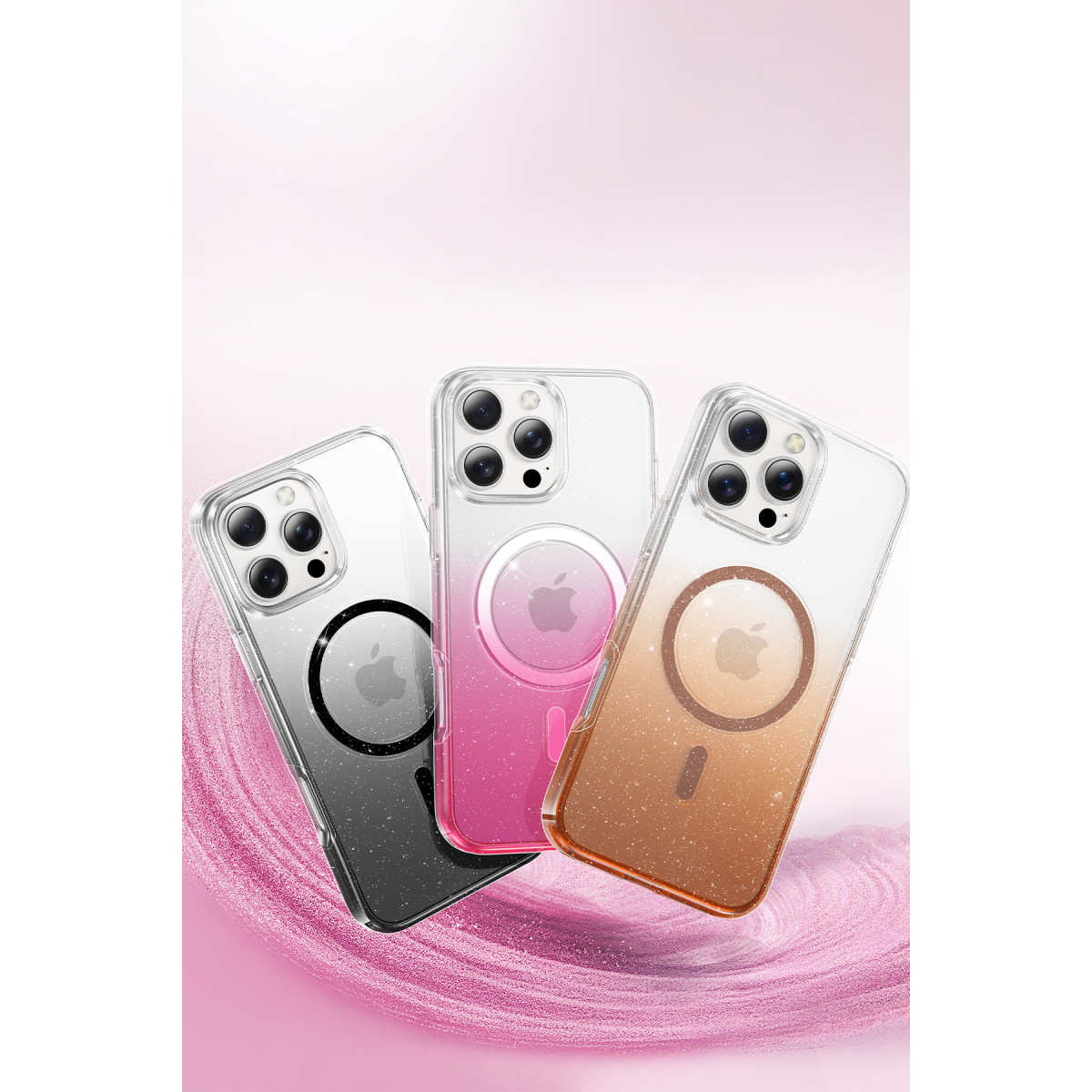 Pembe arka plan önünde siyah, pembe ve kahverengi ışıltılı MagSafe kılıflı üç iPhone.