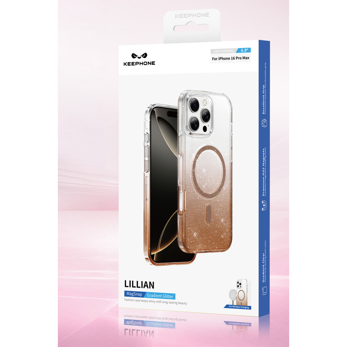 Parlak kahverengi ve şeffaf geçişli iPhone 16 Pro Max kılıfını gösteren ambalaj kutusu.