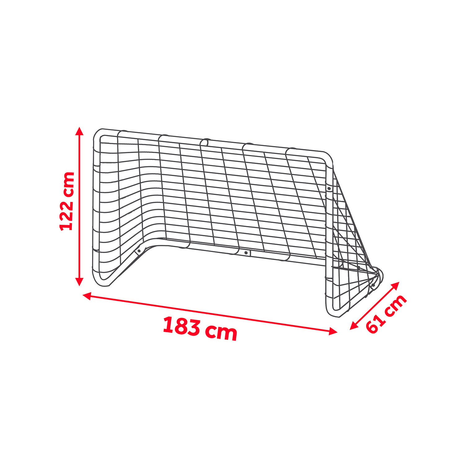 Rysunek techniczny bramki sportowej o wymiarach 183x122x61 cm.