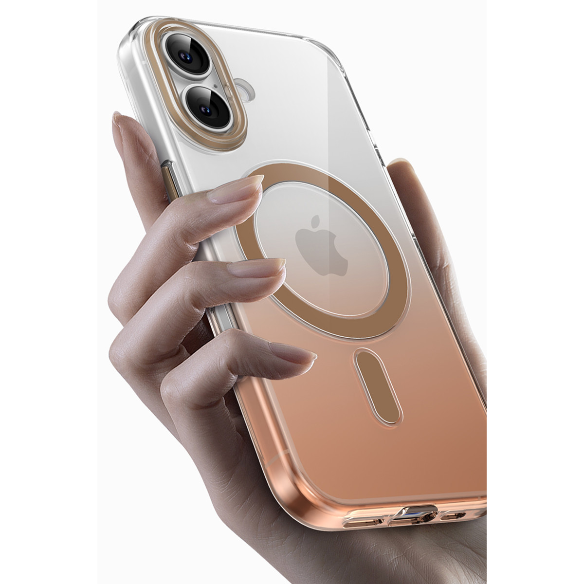 Halkalı, şeffaf ve pembe altın koruyucu kılıflı iPhone'u tutan el.