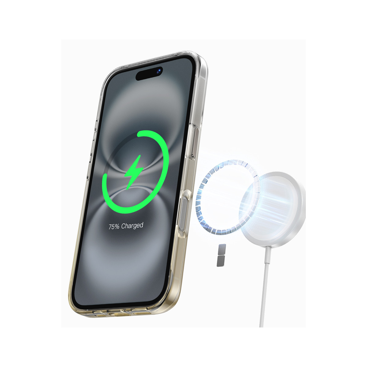 Şeffaf kılıflı bir akıllı telefon, manyetik şarj cihazıyla %75 şarj oluyor.