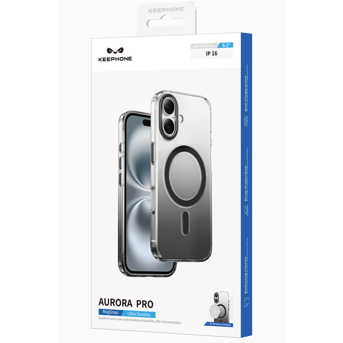 Beyaz arka planda iP 16 için şeffaf bir telefon kılıfını sergileyen Keephone Aurora Pro ürün ambalajı.
