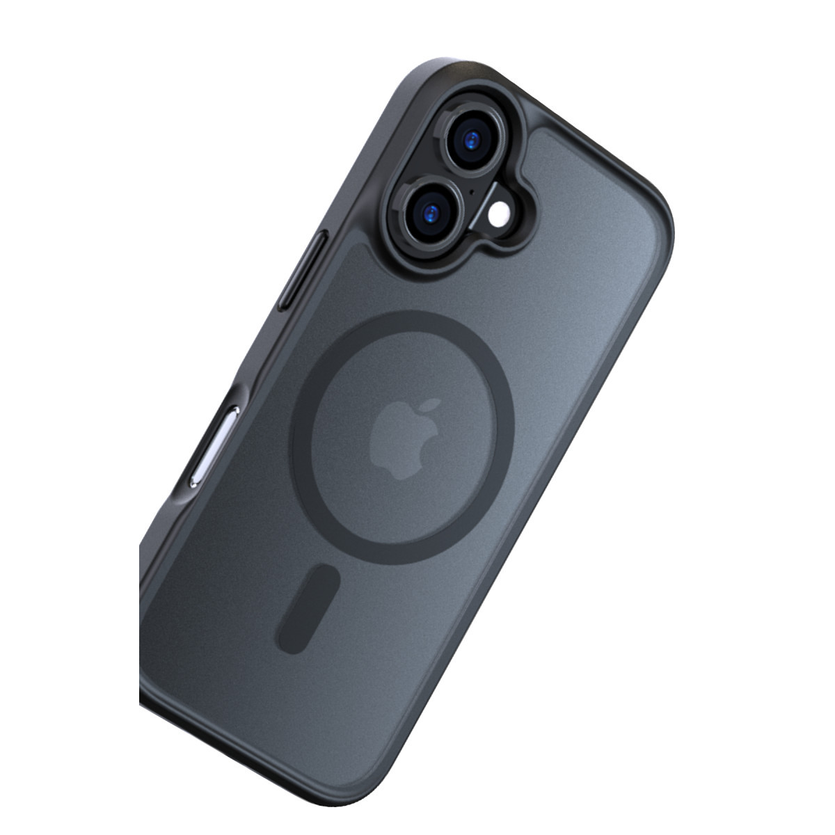 Beyaz arka planda MagSafe halkalı ve kamera kesikli siyah akıllı telefon kılıfı.