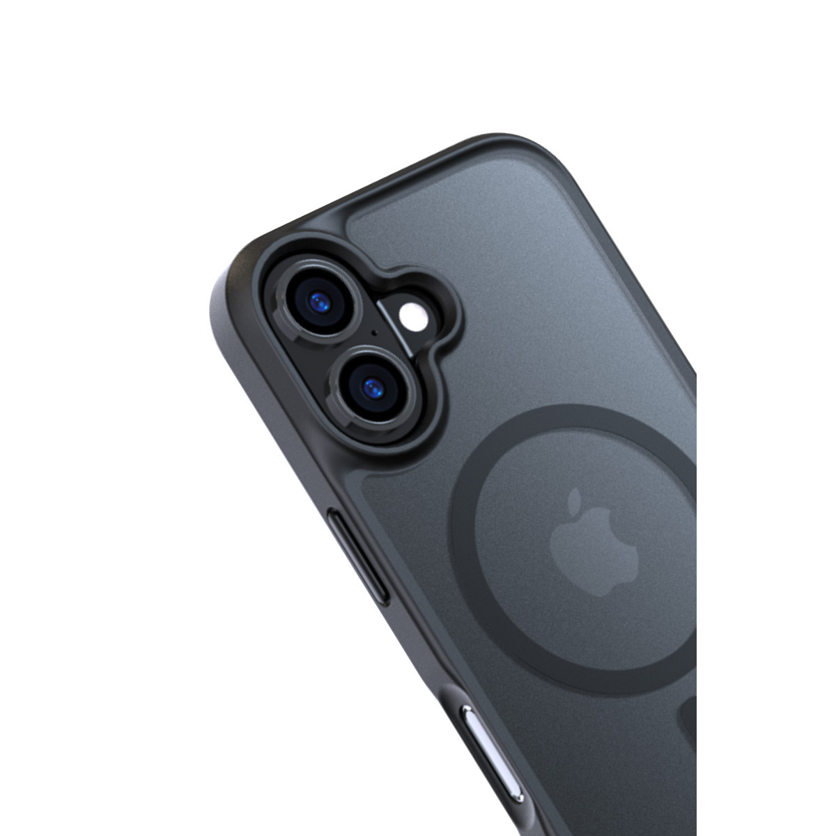 Koruyucu kılıflı, iki kameralı ve MagSafe logolu siyah iPhone'un arkası.