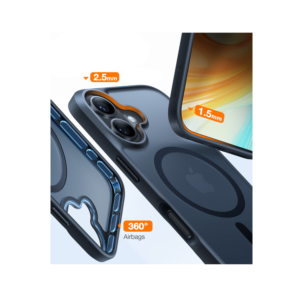 2,5 mm kamera koruması, 1,5 mm ekran çerçevesi ve 360° hava yastıklı mavi telefon kılıfı.