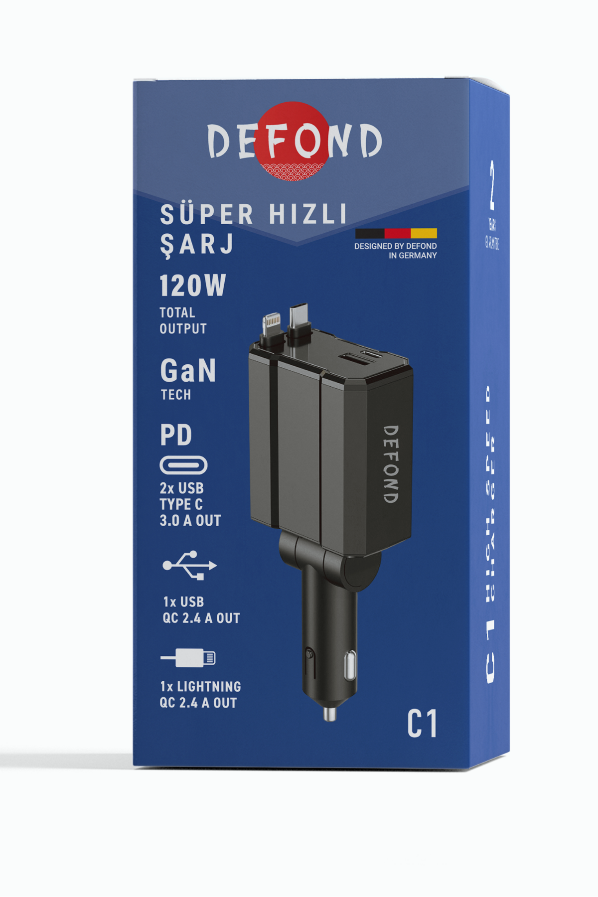 Beyaz arka planda 120W çok portlu USB şarj cihazını gösteren mavi Defond araç şarj kutusu.