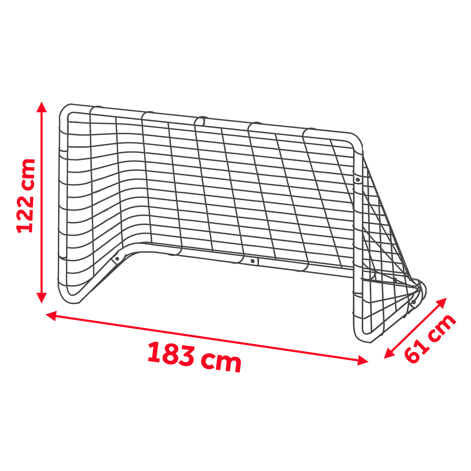 Rysunek techniczny bramki do hokeja o wymiarach: 122 cm wysokości, 183 cm szerokości i 61 cm głębokości.