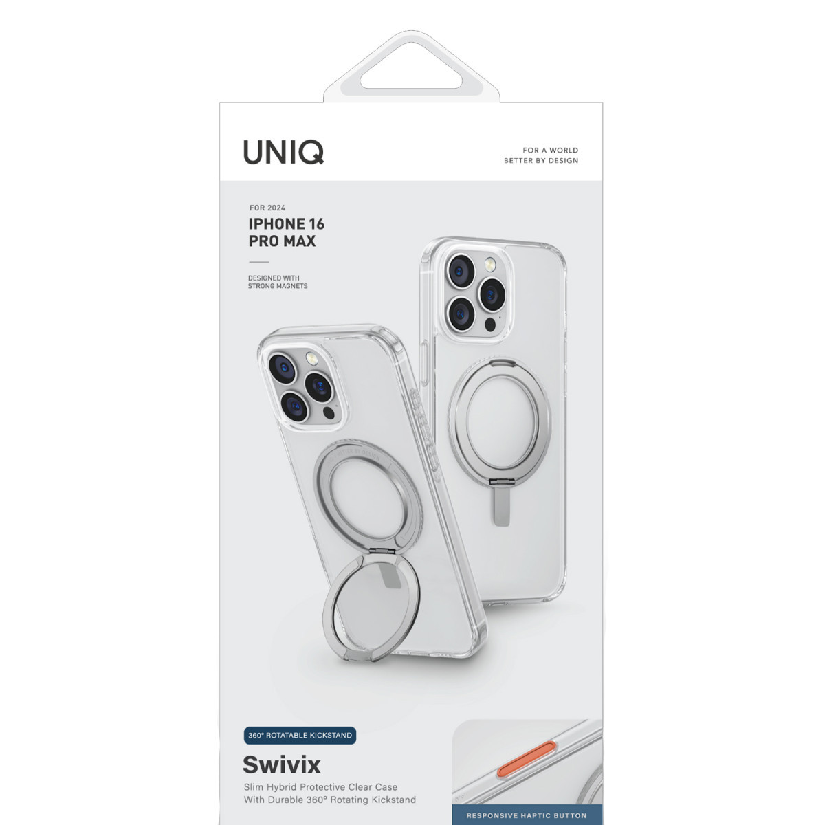 Entegre standlı şeffaf Uniq Swivix iPhone 16 Pro Max kılıfının ambalajı.