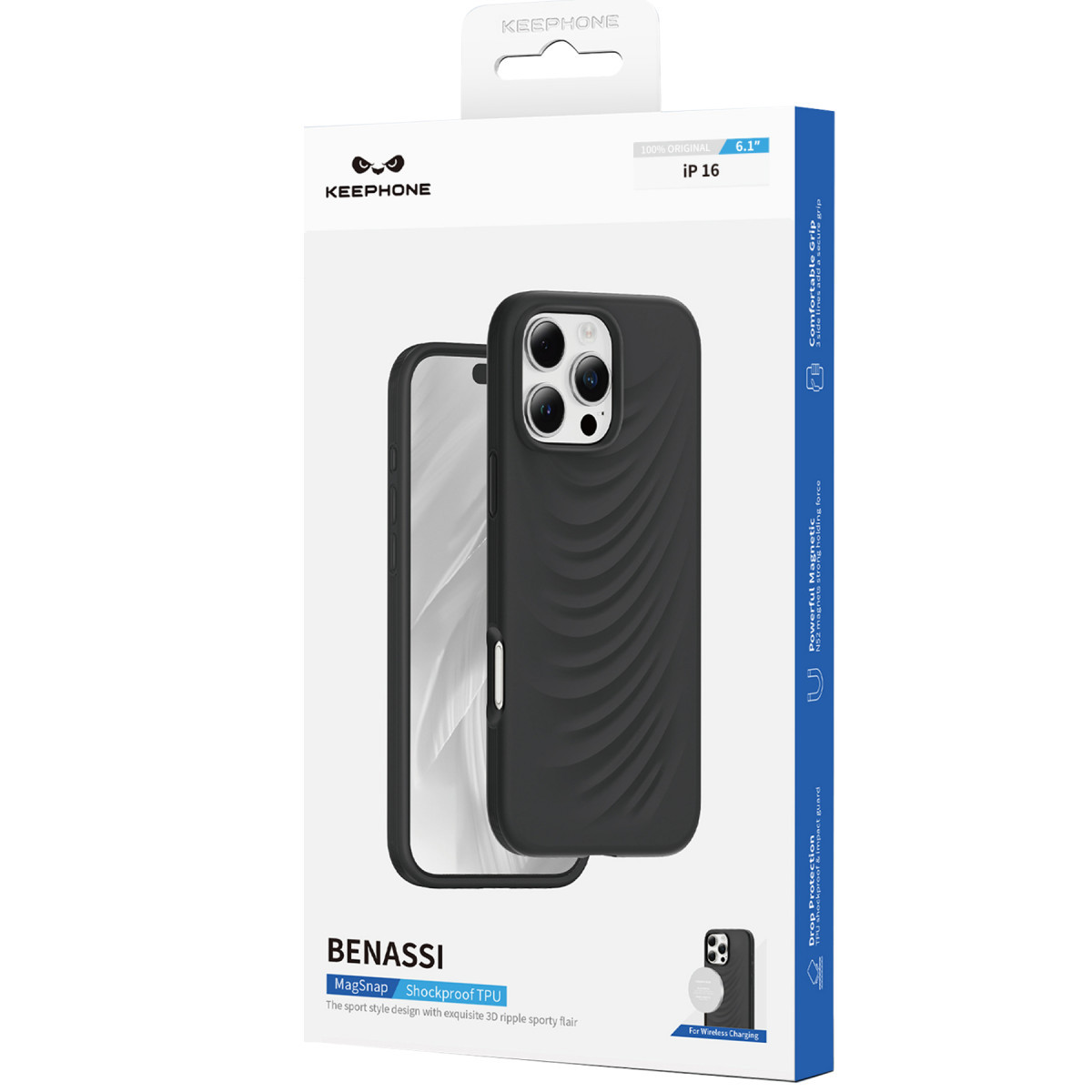 iPhone 16 için siyah, dokulu akıllı telefon kılıfı ambalajı.