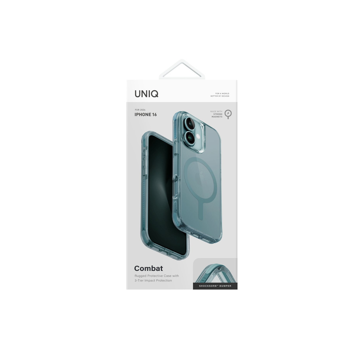 Şeffaf mavi kılıfı gösteren iPhone 16 için UNIQ Combat dayanıklı koruyucu kılıf ambalajı.