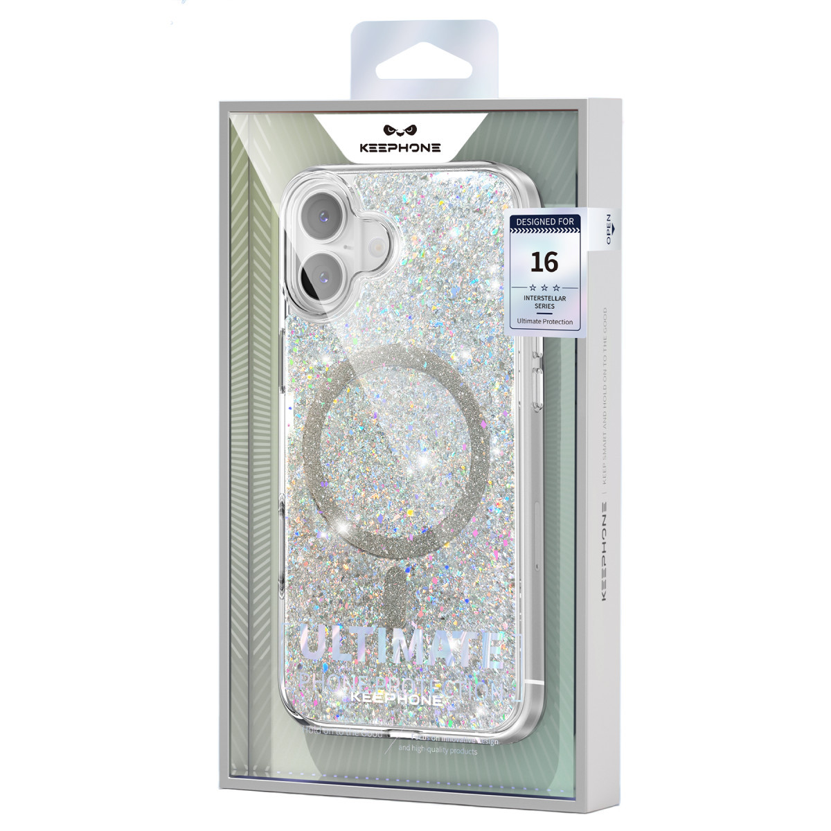 MagSafe halkalı, parıltılı şeffaf telefon kılıfı ambalajında.