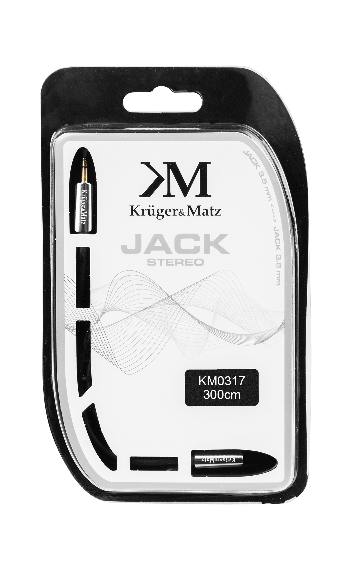 Kabel jack stereo 3,5 mm Krüger & Matz w opakowaniu, oznaczony KM0317 i 300 cm.