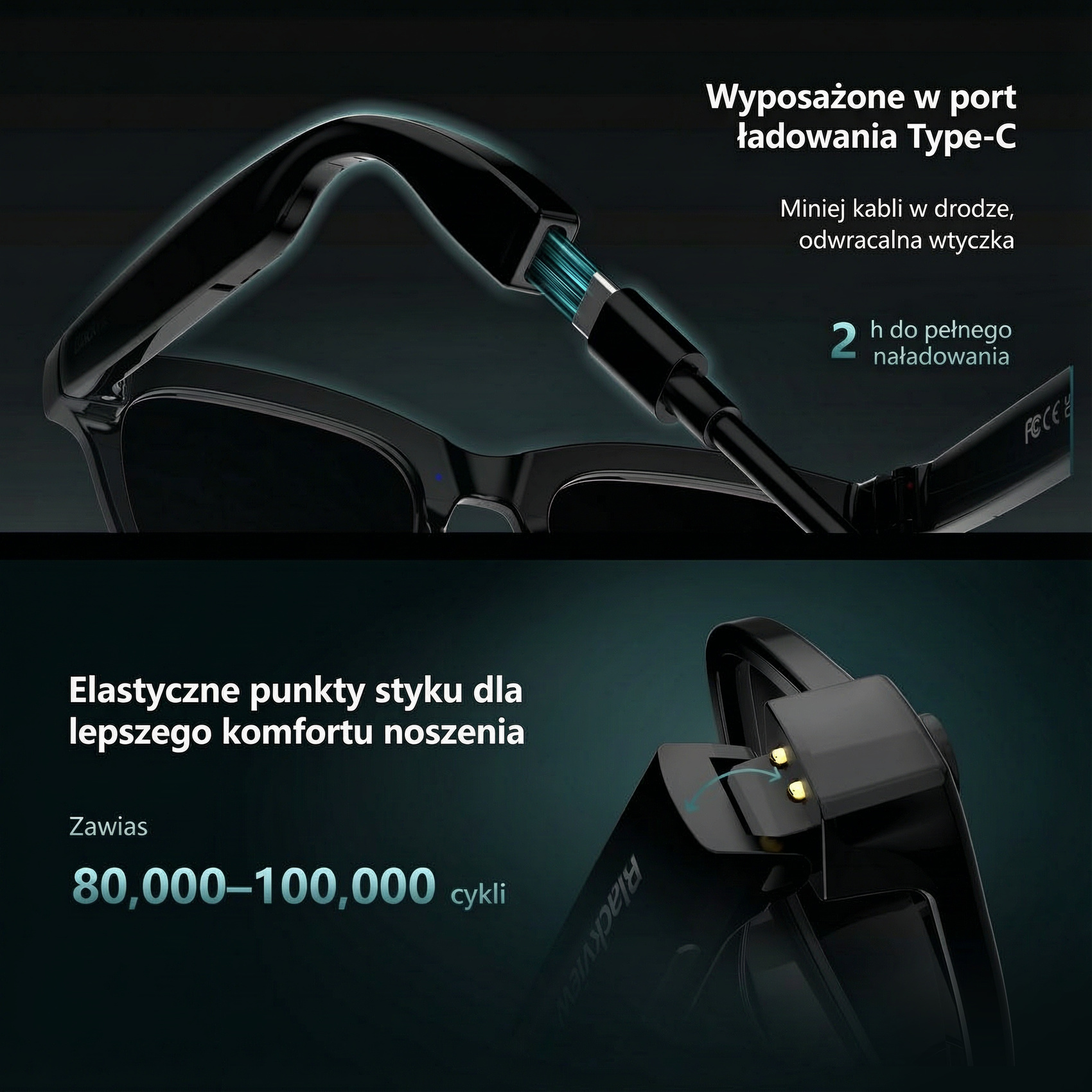 Czarne okulary inteligentne pokazujące port ładowania Type-C i elastyczne punkty styku.