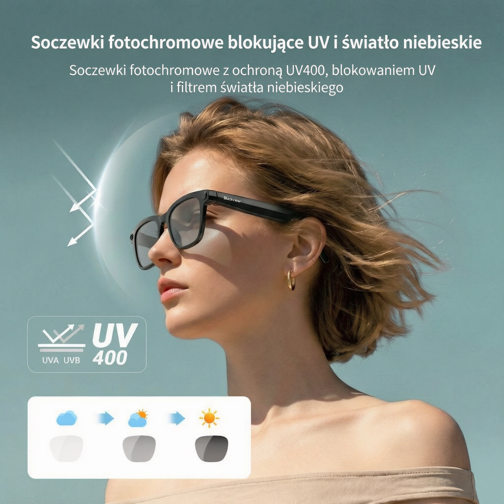 Kobieta o blond włosach nosi okulary fotochromowe z ochroną UV400 przed promieniami UV.