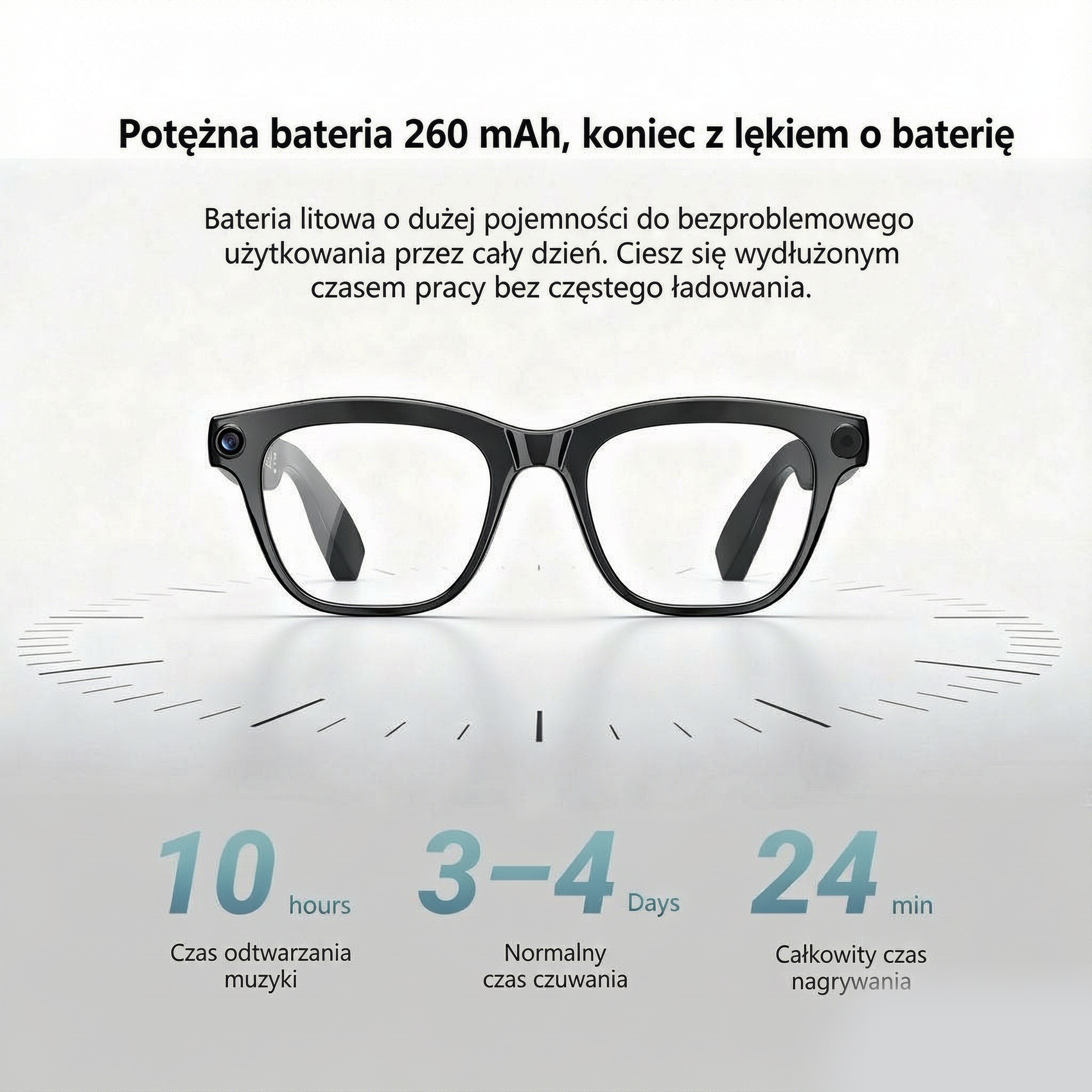 Czarne okulary inteligentne na tle tarczy z informacją o baterii.