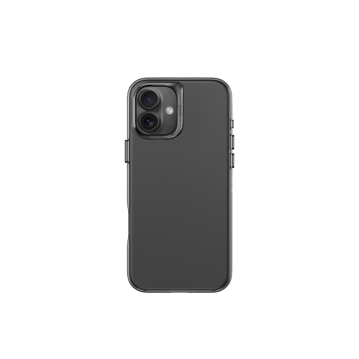 Beyaz arka planda çift kameralı mat koyu gri koruyucu kılıf içindeki akıllı telefonun arkası.