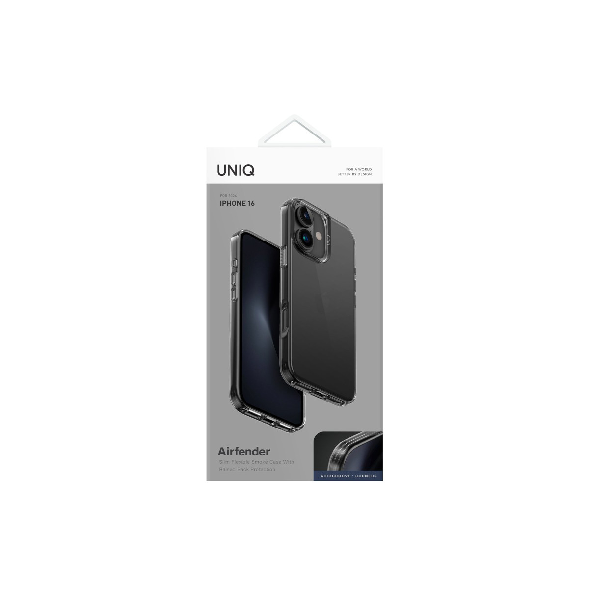 iPhone 16 için UNIQ Airfender ince esnek füme kılıf ambalajı ve telefon görselleri.