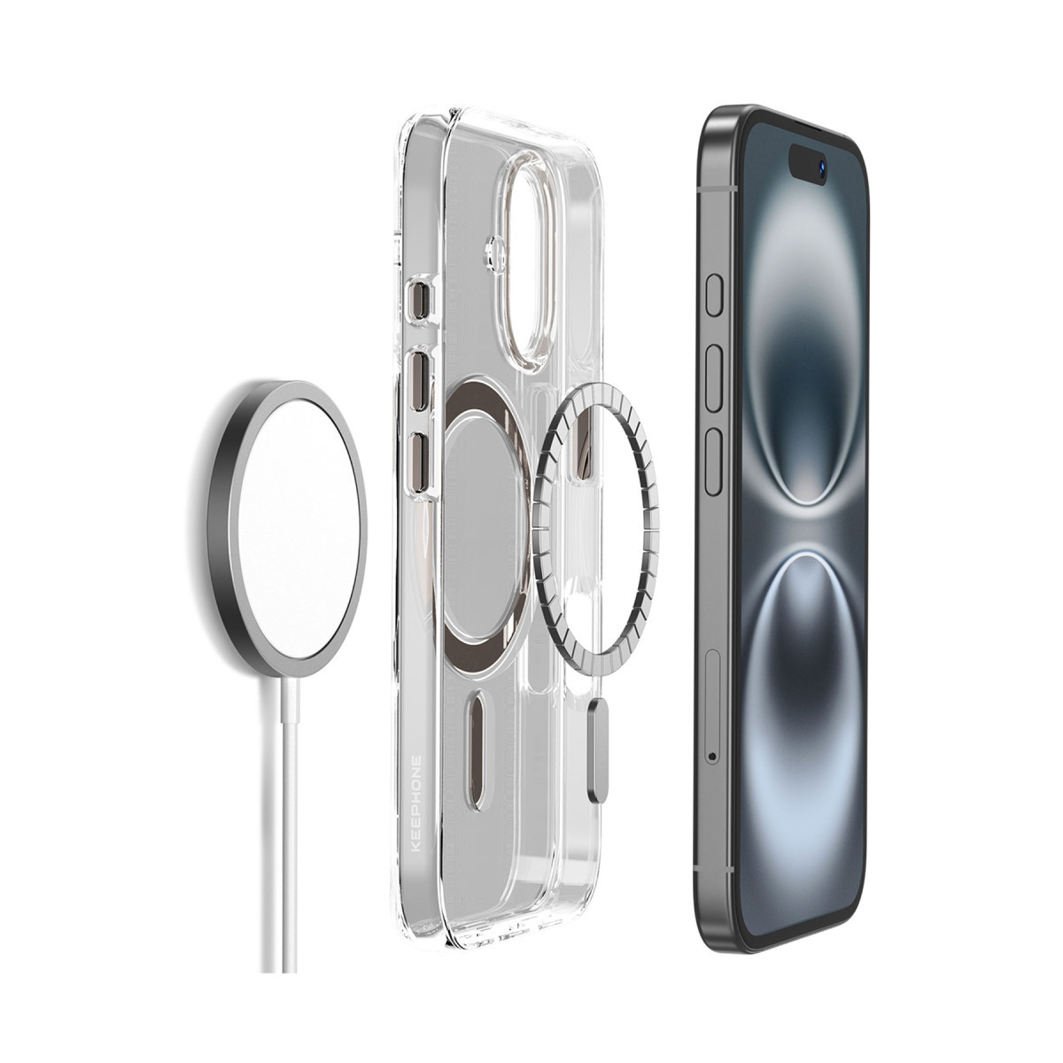 MagSafe sarj cihazi, manyetik halkali seffaf telefon kilifi ve bir akilli telefon.