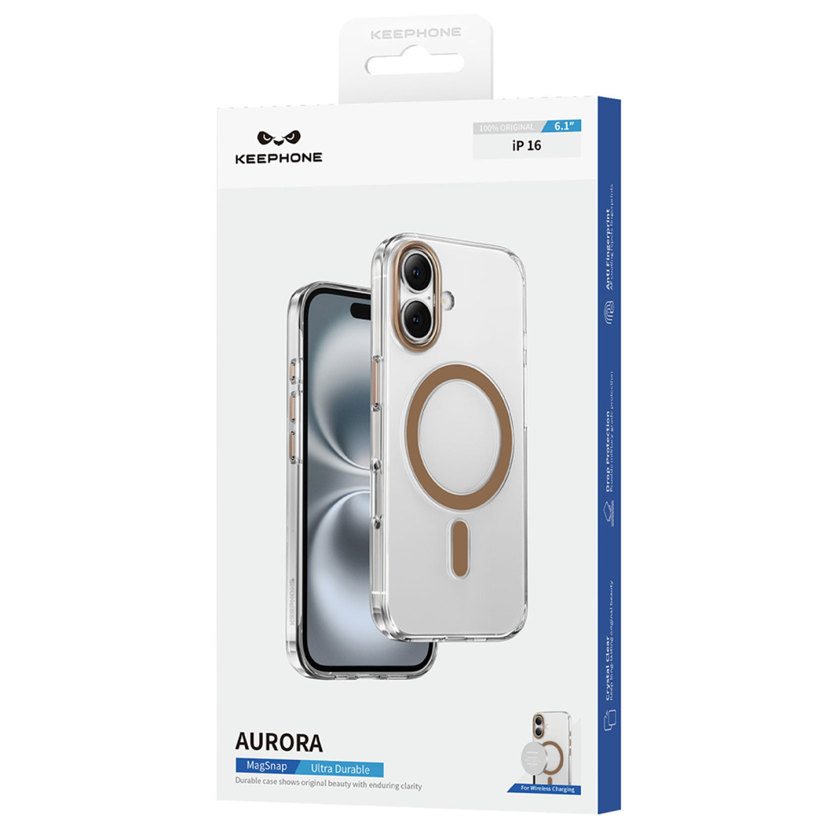 Bronz detaylı iPhone 16 için şeffaf KEEPHONE Aurora MagSnap kılıf ambalajı.