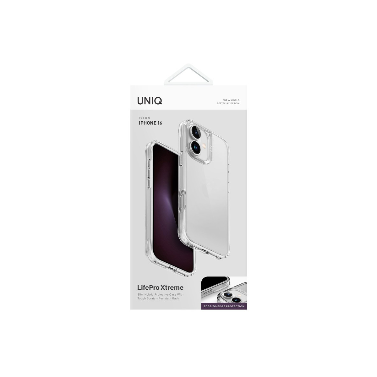 Şeffaf tasarımlı iPhone 16 için Uniq LifePro Xtreme koruyucu kılıf ambalajı.