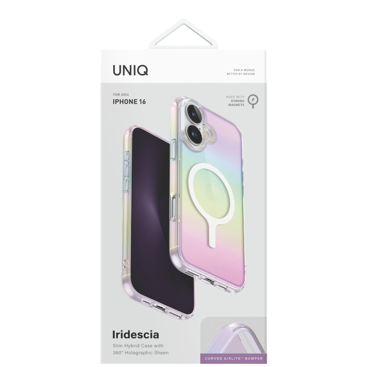 İPhone 16 için şeffaf ve yanardöner UNIQ Iridescia kılıfının ambalajı.