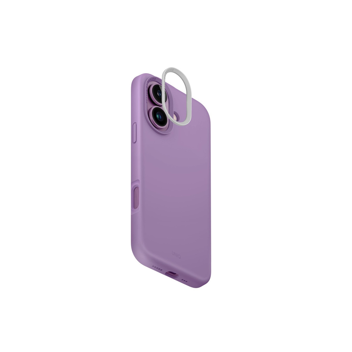 Çift kamera kesikli ve beyaz arka plan üzerinde yüzen beyaz halkalı mor akıllı telefon kılıfı.