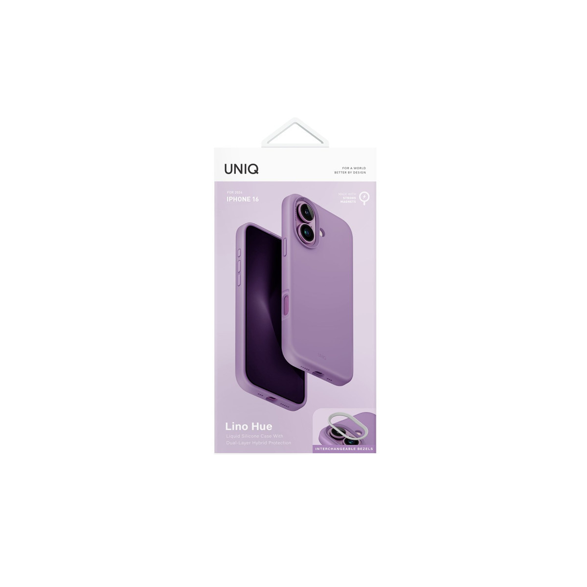 Değiştirilebilir çerçeveli mor iPhone 16 koruyucu kılıf ambalajı.