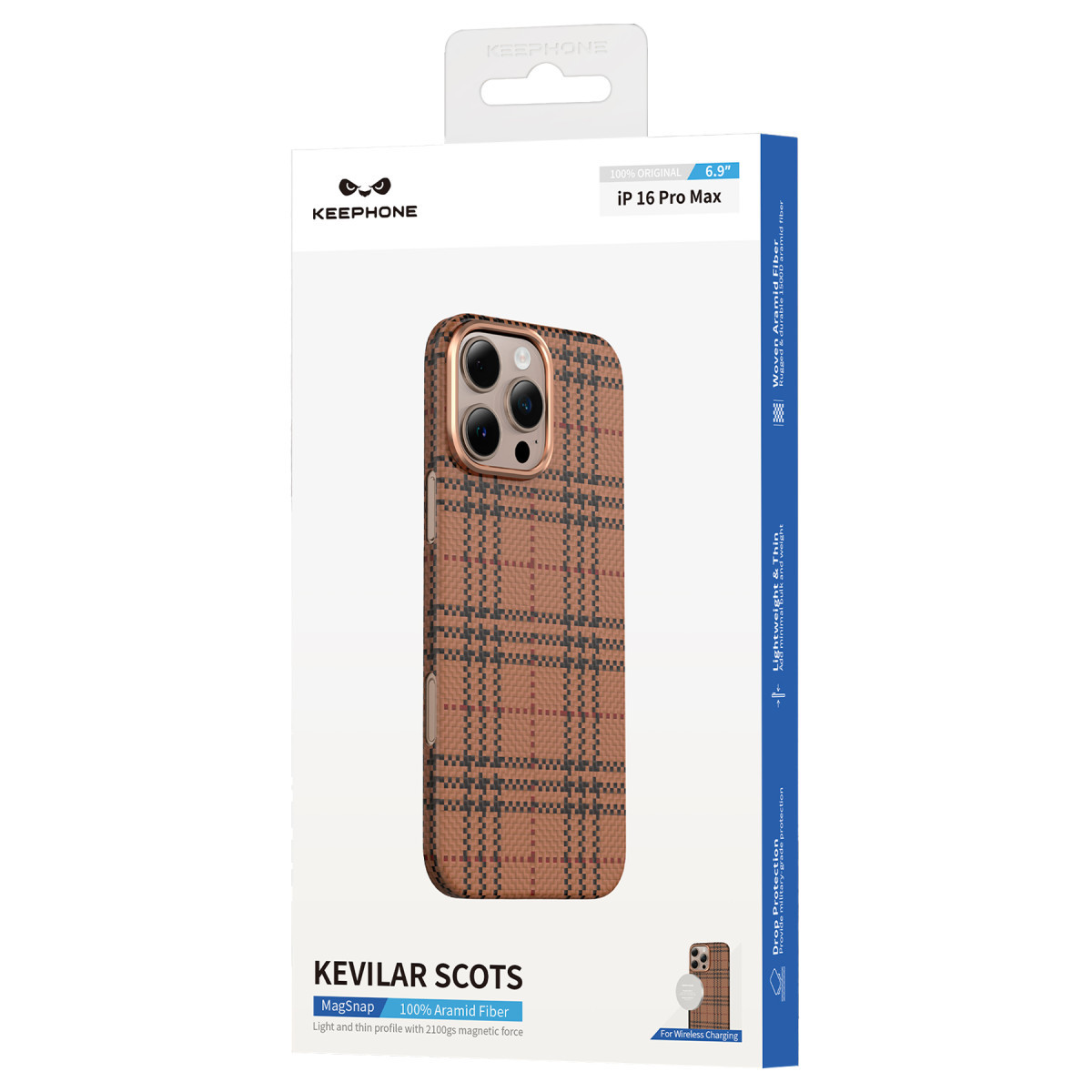 Beyaz ve mavi ambalaj kutusu, iPhone 16 Pro Max için kahverengi ekoseli Kevlar kılıfı gösteriyor.