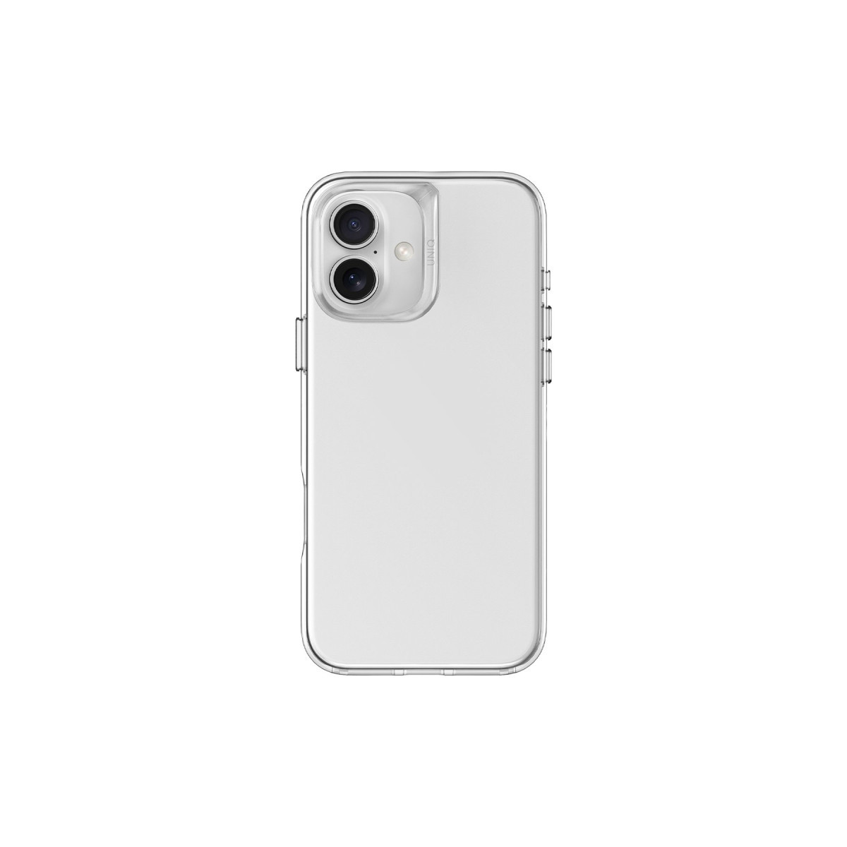 Beyaz arka planda iki kameralı arka kısmı gösteren şeffaf telefon kılıfı.