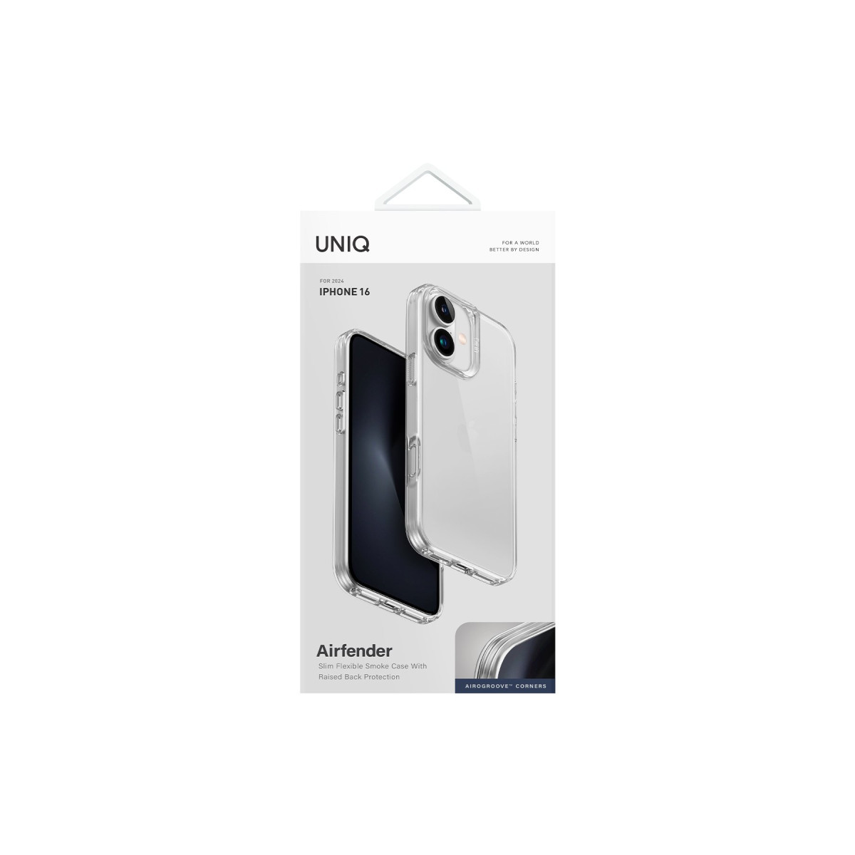 Şeffaf kılıf görünümlerine sahip iPhone 16 için Uniq Airfender İnce Esnek Smoke Kılıf ambalajı.
