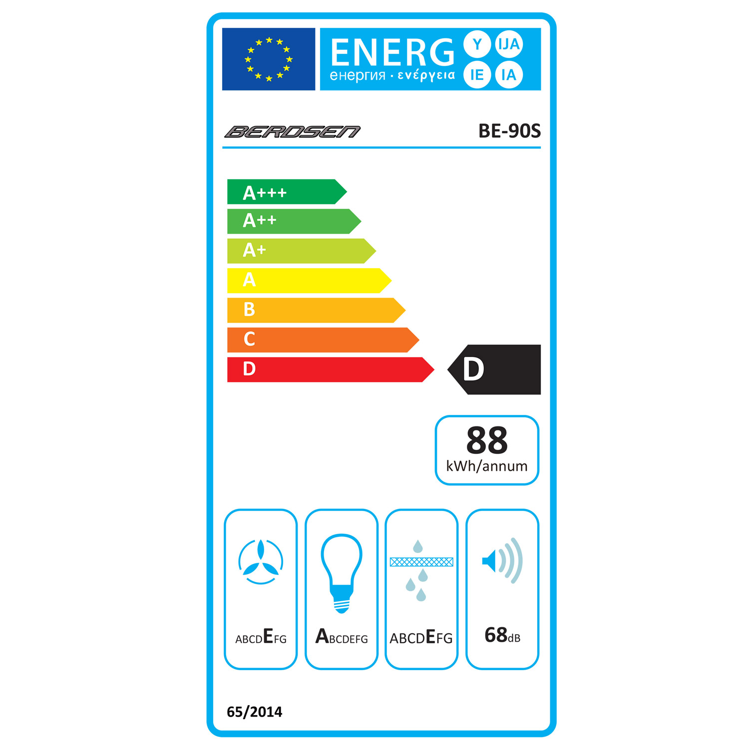 Etykieta energetyczna UE dla Berdsen BE-90S z klasą D i 88 kWh/rok.