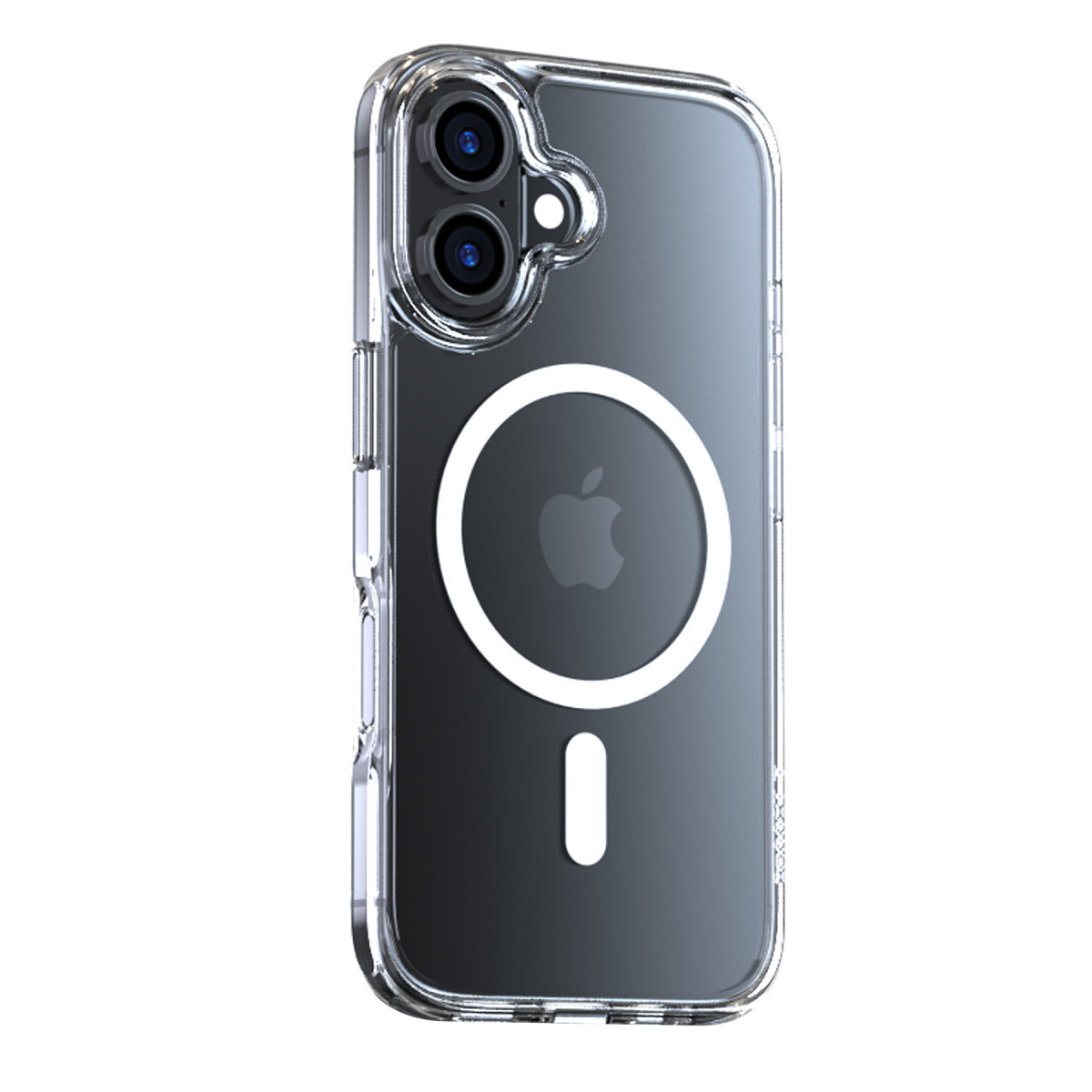 Arkada MagSafe halkası olan şeffaf akıllı telefon kılıfı, çift kameralı bir telefonu gösteriyor.