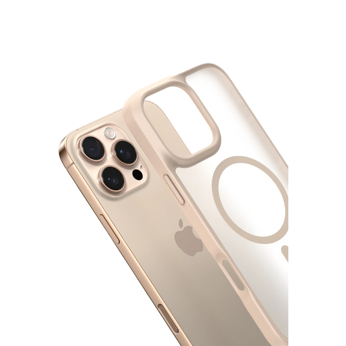Üç kameralı altın rengi bir iPhone, kısmen şeffaf bir koruyucu kılıfın içinde.