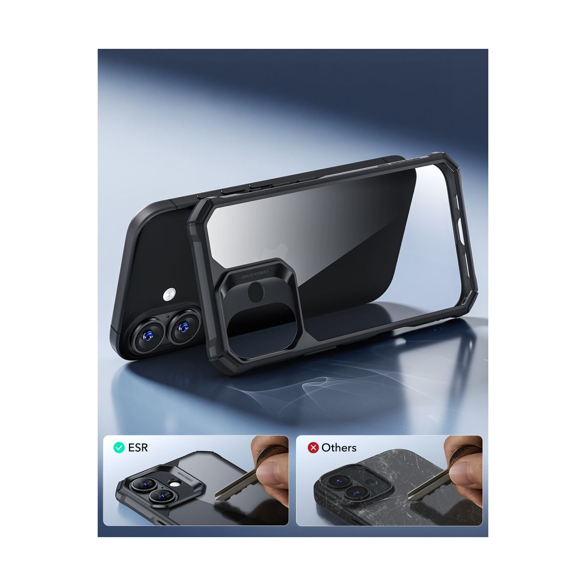 Kenar ve kamera korumalı siyah telefon kılıfı, çizilmiş bir kılıfla karşılaştırıldığında.