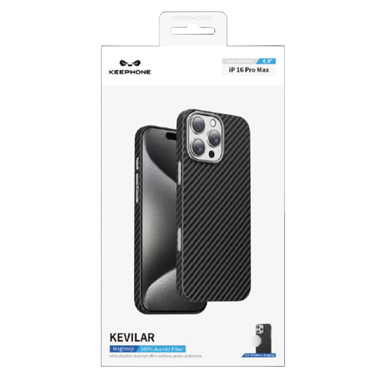 iPhone 16 Pro Max için ambalajında siyah Kevlar telefon kılıfı.
