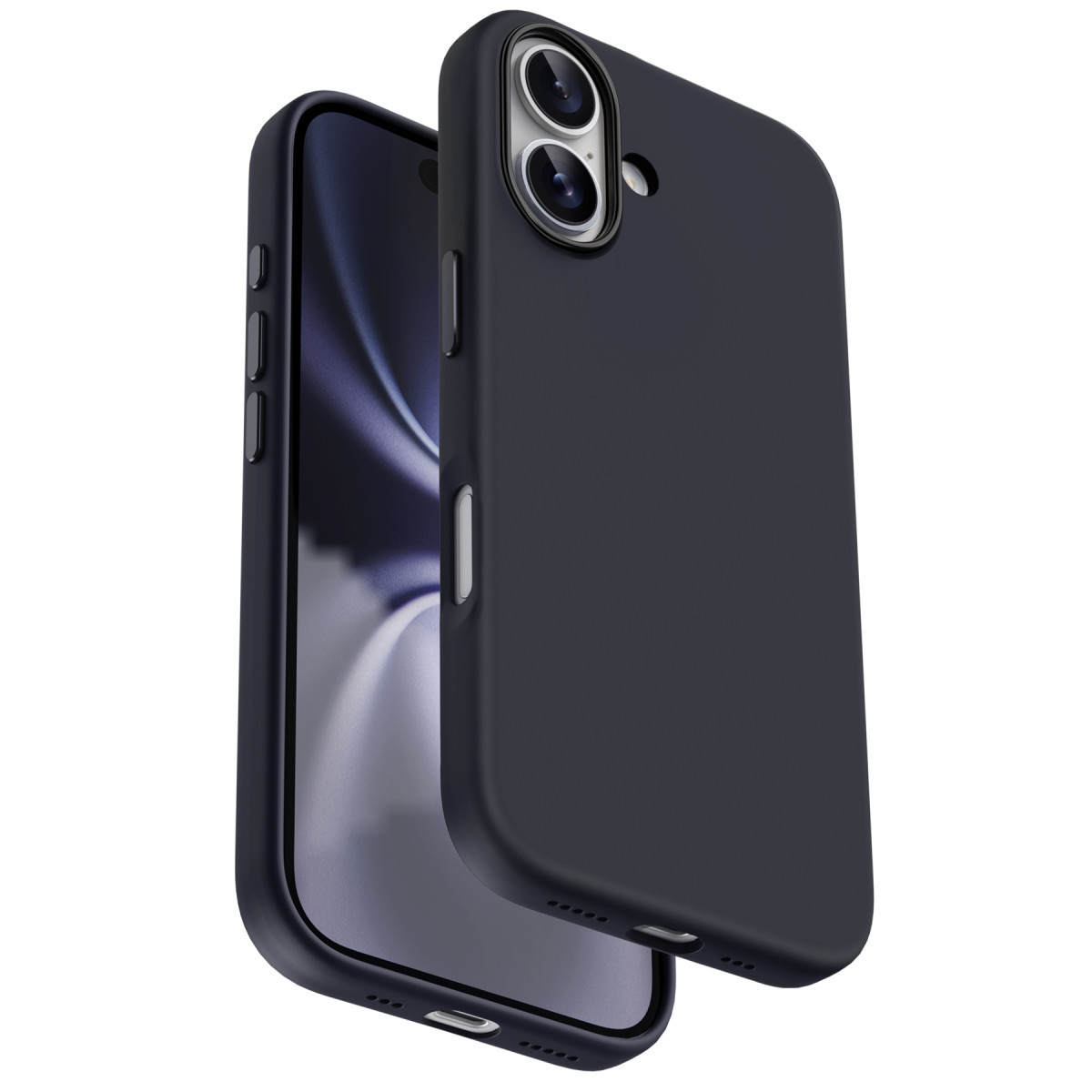 Arkada iki kamera lensi ve koruyucu kılıfı olan siyah akıllı telefon.