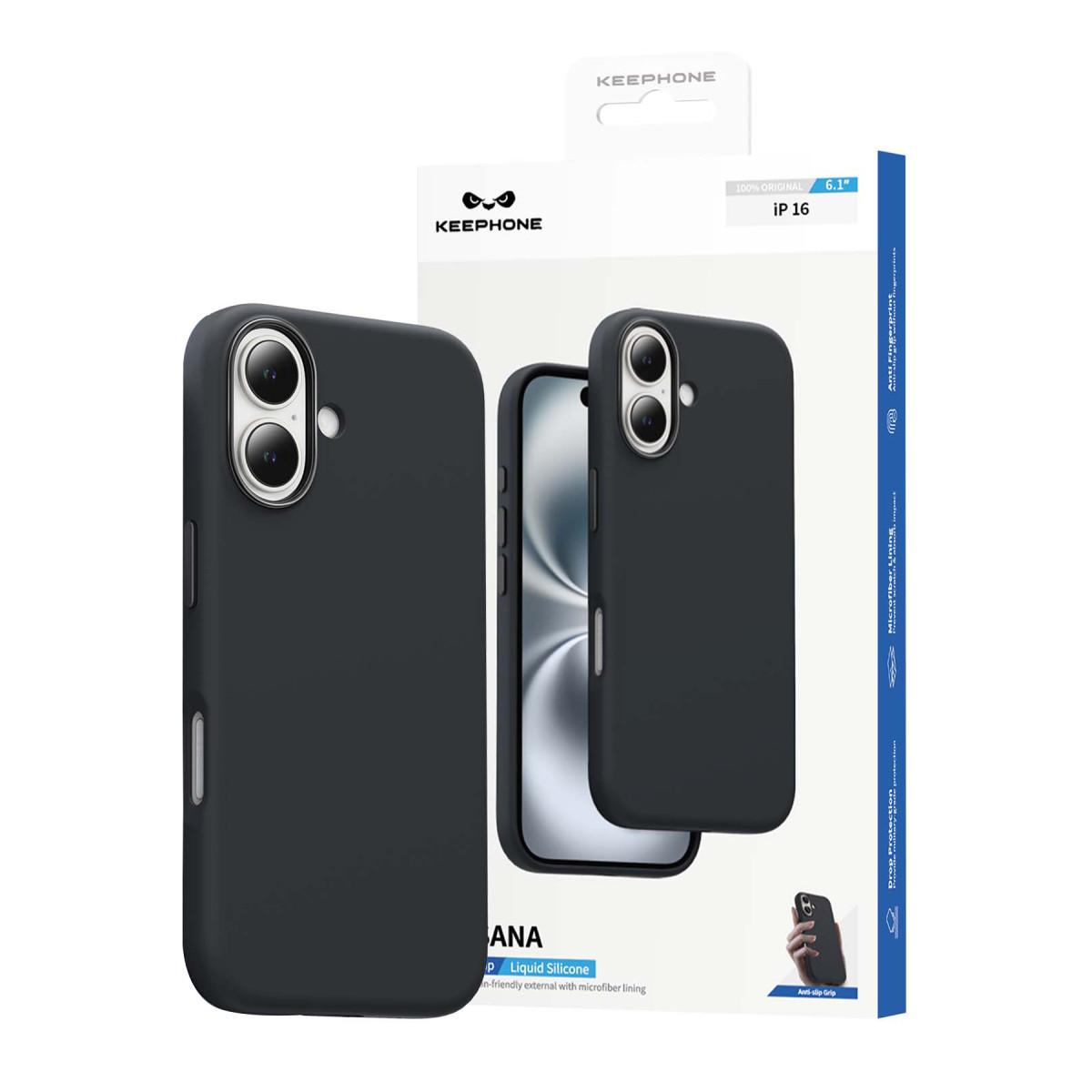Beyaz ve mavi ambalaj kutusuyla birlikte siyah silikon iPhone 16 kılıfı.