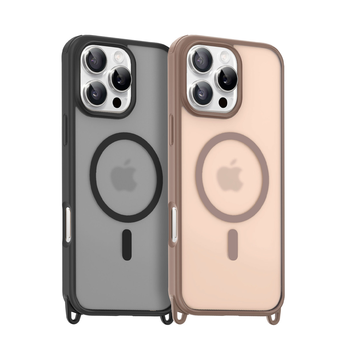 Beyaz arka planda siyah ve kahverengi iki MagSafe telefon kılıfı.