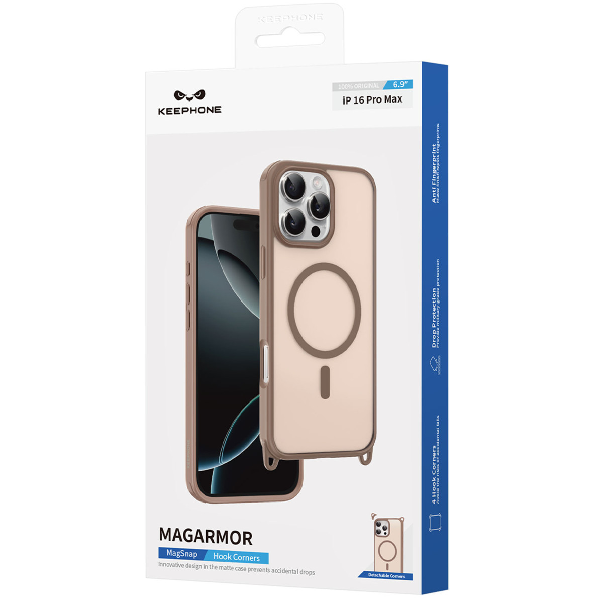 iP 16 Pro Max için Magsnap ve kanca köşelerine sahip kahverengi Keephone Magarmor telefon kılıfı ambalajı.