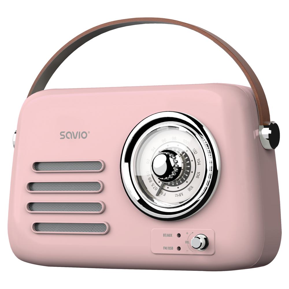 Różowe radio w stylu retro z brązowym skórzanym paskiem, srebrnymi maskownicami głośników i okrągłym pokrętłem.