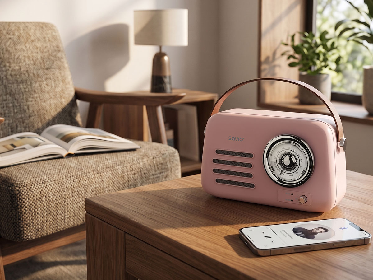 Różowe radio w stylu retro z rączką stoi na drewnianym stole, w tle fotel i lampa.