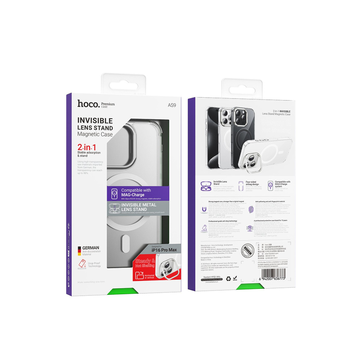 Entegre standlı ve Mag-Charge uyumlu şeffaf iPhone 16 Pro Max kılıfı ambalajı.