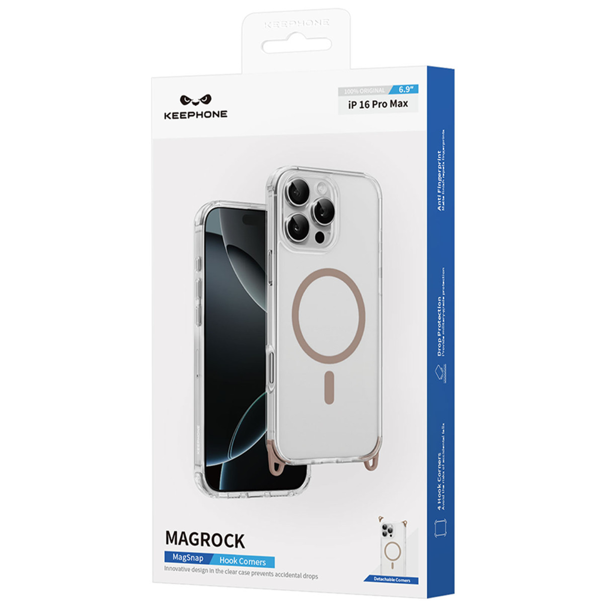 iP 16 Pro Max için KEEPHONE MagRock telefon kılıfı ambalajı, şeffaf kılıfı gösteren beyaz ve mavi kutu.
