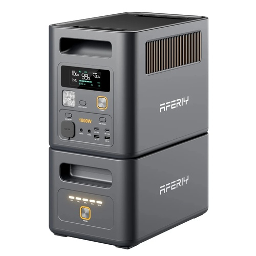 Dwie szare stacje zasilania AFERIY ułożone w pionie z wyświetlaczem i portami.