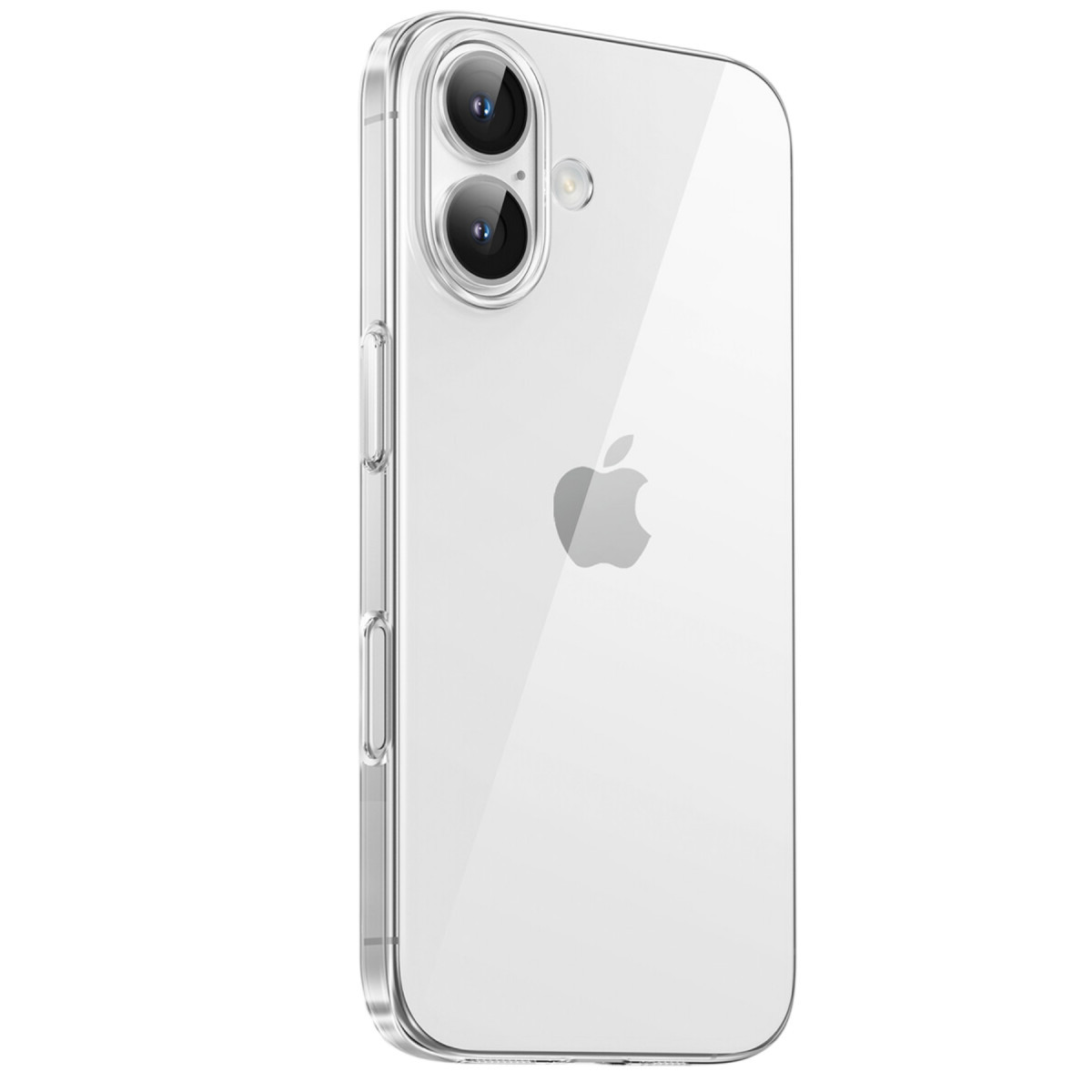 Şeffaf kılıflı, iki dikey kameralı ve beyaz arka planlı iPhone'un arkası.