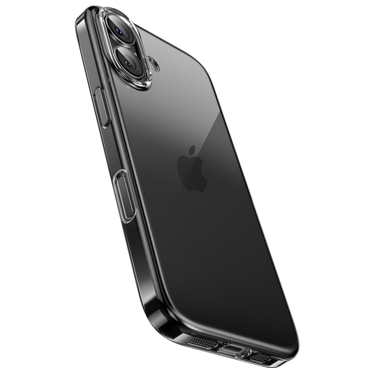 Şeffaf kılıf içinde siyah akıllı telefon, beyaz arka planda çift kamerayı ve Apple logosunu gösterecek şekilde eğimli.