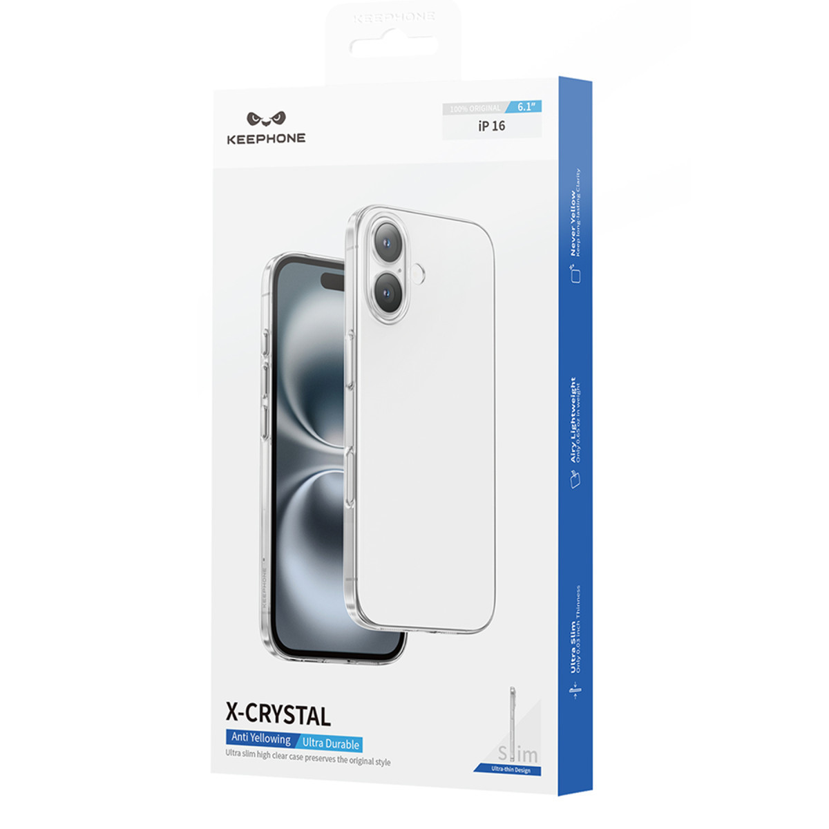 Mavi detaylar ve metin içeren şeffaf bir Keephone iPhone 16 koruyucu kılıf ambalajı.